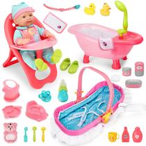 Conjunto de bonecas DeAo, 25 peças com cadeira alta, banheira, berço e acessórios Conjunto de bonecas DeAo, 25 peças com cadeira alta, banheira, berço e acessórios