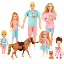 Conjunto de bonecas familiares TREKFOX com mãe grávida, pai, 4 crianças e cavalos
