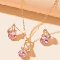 Conjunto De Borboleta Rosa Com Strass Folheado A Ouro 18K Antialérgico - SHPRI034