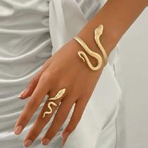 Conjunto de Bracelete e Anel Serpente Banhado a Ouro 18K Ajustável e Sofisticado