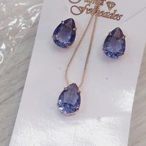 Conjunto De Brincos+colar Pedra Gota Folheado A Ouro Lilas