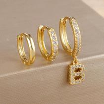 Conjunto De Brincos De Argola Femininos Em Aço Inoxidável Com Pingente De Letras De Cristal (26