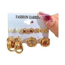 Conjunto De Brincos De Argola Vintage Punk Femininos Com Pérolas, Pingente Geométrico De Nó E