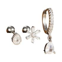 Conjunto De Brincos De Cartilagem Em Aço Inoxidável Com 3 Peças Em Forma De Gota De Água E Flor Com