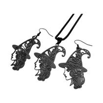 Conjunto De Brincos De Colar De Flor Oca Com Cabeça De Bruxa Preta, Joias De Halloween De Aço