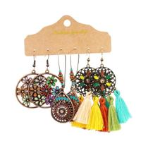 Conjunto De Brincos De Metal Bronze Redondos Geométricos Com Franjas Coloridas Para Mulheres, Joias