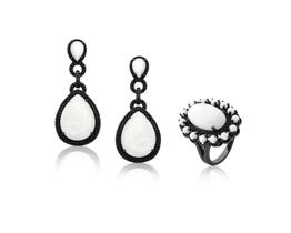 Conjunto de Brincos e Anel P&B Banhado a Ródio Negro - VIDIÈ