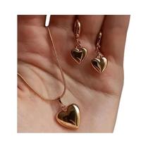 Conjunto De Brincos E Colar Em Forma De Coração Banhados a Ouro Para Mulheres, Joias Simples E