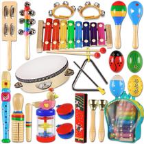 Conjunto de Brinquedo Musical Educativo Infantil de Percussão Kit Triângulo Xilofone Harmônica Maracas Tamborim