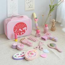 Conjunto De Brinquedos De Bolsa De Maquiagem De Madeira Rosa Para Meninas Fingir Brincar De Tema De