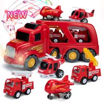 Conjunto de brinquedos de carro de caminhão de bombeiros com som e luzes, 1 caminhão de carga de transporte, 2 veículos de resgate de emergência, 1 helicóptero, 1 avião, conjunto de brinquedos de veículo 5 em 1 para 1 2 3 4 anos de idade, criança