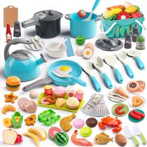 Conjunto de brinquedos de cozinha Funpynani 130 unidades com panelas, frigideiras e utensílios turquesa Conjunto de brinquedos de cozinha Funpynani 130 unidades com panelas, frigideiras e utensílios turquesa