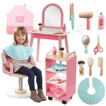 Conjunto de brinquedos de madeira Pretend Hair Salon Conjunto completo de brinquedos Vanity Mirror com cadeira e carrinho de rodinhas inclui secador de cabelo, escova, modelador e ferramentas de corte cabeleireira para meninas, estilista, divertida, presente de Natal para cuidados de beleza para crianças