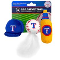 Conjunto de brinquedos de pelúcia para gatos MLB Texas Rangers com Catnip, 3 peças Conjunto de brinquedos de pelúcia para gatos MLB Texas Rangers com Catnip, 3 peças