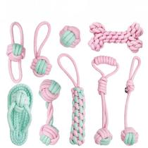 Conjunto de brinquedos para cães, corda de algodão, 9 peças, rosa e menta para mastigar