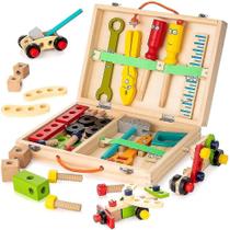 Conjunto de brinquedos para caixas de ferramentas de madeira para crianças com blocos de construção coloridos Conjunto de brinquedos para caixas de ferramentas de madeira para crianças com blocos de construção coloridos