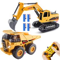 Conjunto de brinquedos para escavadeira RC e caminhão basculante de 2,4 GHz e 11 canais para crianças