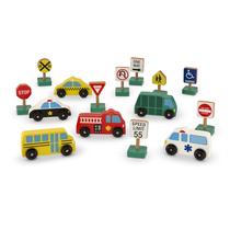 Conjunto de brinquedos para veículos de madeira Melissa & Doug com 6 carros e 9 sinais