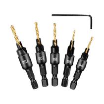 Conjunto De Brocas Escareadoras De Aço Rápido (HSS) 5 Peças Para Chanfrar, Perfurar E Guiar Furos