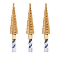 Conjunto de brocas Step Drill, 3 peças, 3 peças, haste hexagonal de 3-13 mm, revestido com titânio Conjunto de brocas Step Drill, 3 peças, 3 peças, haste hexagonal de 3-13 mm, revestido com titânio