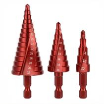 Conjunto de brocas Step Drill, 3 peças de cortador de furo espiral com haste hexagonal vermelha Conjunto de brocas Step Drill, 3 peças de cortador de furo espiral com haste hexagonal vermelha