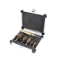 Conjunto de brocas Step Drill, 5 unidades HSS com perfurador central de latão Conjunto de brocas Step Drill, 5 unidades HSS com perfurador central de latão