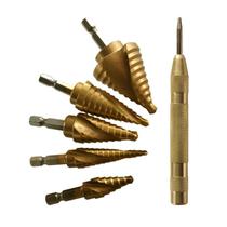 Conjunto de brocas Step Drill, 6 unidades com haste hexagonal e furador Conjunto de brocas Step Drill, 6 unidades com haste hexagonal e furador