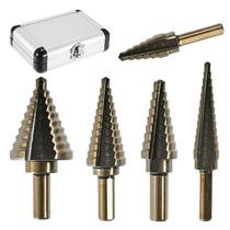 Conjunto de brocas Step Drill Bits, 5 unidades HSS com caixa de alumínio revestida a ouro