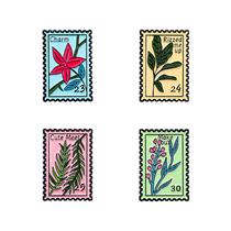 Conjunto de broches, selo postal vintage, flor botânica