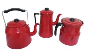 Conjunto de Bule, Chaleira e Leiteira Com Apito Vermelho Extang