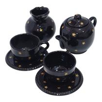 Conjunto de Bule Chaleira Xicaras com pires Preto com Estrela Dourada Cerâmica