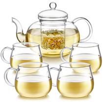 Conjunto de Bule de Vidro Resistente ao Calor Teabloom com Infusor Removível para Chá Solto (Tamanho Padrão: 946 ml) e Quatro Xícaras de Vidro Borossilicato (207 ml) - Conjunto Completo de Chá Livre de Chumbo