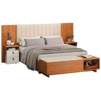 Conjunto de Cabeceira Extensível c/ Mesa de Cabeceira e Calçadeira Veludo Malaga Madeirado/Off White Conjunto de Cabeceira Extensível c/ Mesa de Cabeceira e Calçadeira Veludo Malaga Madeirado/Off White