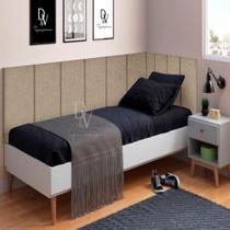 Conjunto de Cabeceira Painel Cama Box Laura II Clean Solteiro 0,90 cm com Proteção Lateral Linho Palha