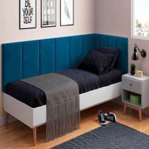 Conjunto de Cabeceira Painel Estofada Cama Box Laura II Solteiro 0,90 cm com Proteção Lateral Azul Petróleo