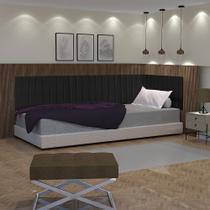 Conjunto de Cabeceira Ripada Palito Suspensa de Solteiro com Proteção Lateral - Preto Suede