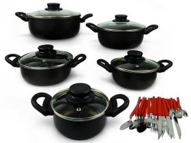 Conjunto De Caçarola 5 Peças Para Sua Cozinha Antiaderente Com Tampa de Vidro e Talheres