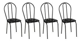 Conjunto de Cadeiras 004 Preto Cromo - Kit com 4 Cadeiras de Aço Cromo Preto - Assento Preto Florido - Tenda House
