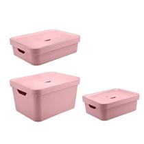 Conjunto de Caixas Organizadoras Cube com Tampa KTE004 3 Peças Rosa - Ou Martiplast