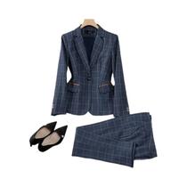Conjunto De Calça E Blazer Feminino Estilo Britânico Xadrez Damasco De Alta Qualidade - Roupa