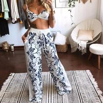 Conjunto De Calça Estampada De Praia Feminina De Verão Sem Mangas Sem Alças Tubo Tops Calças Largas