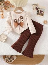Conjunto De Calças Boca De Sino Marrom Com Top Floral E Laço Para Bebê Menina - Estilo Doce E
