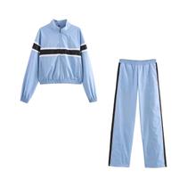 Conjunto De Calças Casuais Femininas Esportivas Azul E Preto Com Jaqueta Em Patchwork E Calças