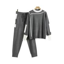 Conjunto De Calças De Tricô Com Patchwork Para Mulheres, Outono E Primavera, Blusa Casual De Manga