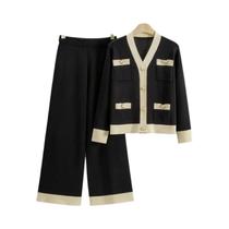 Conjunto De Calças E Cardigan Feminino Slim Fit Com Decote Em V, Cores Contrastantes, Casual Para