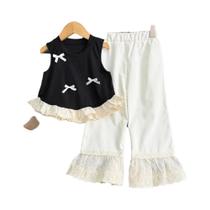 Conjunto De Calças E Colete Sem Mangas Para Meninas, Roupas Casuais Coreanas Com Decoração De Laço E Conjunto De Calças E Colete Sem Mangas Para Meninas, Roupas Casuais Coreanas Com Decoração De Laço E