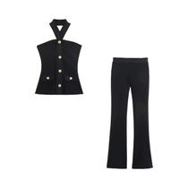Conjunto De Calças Flare E Top Halter Com Botão Dourado Para Mulheres, Conjunto De Moda Em 2 Peças