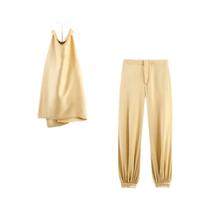 Conjunto De Calças Jogger De Cetim Chic Para Mulheres, Top Curto Sem Mangas Com Amarração Nas