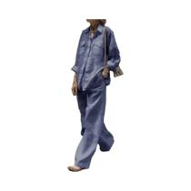 Conjunto De Calças Largas De Moda Feminina Para O Verão, Camisa De Cor Sólida Com Bolso E Gola Conjunto De Calças Largas De Moda Feminina Para O Verão, Camisa De Cor Sólida Com Bolso E Gola