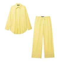 Conjunto de Calças Listradas Amarelas - Moda Verão com Blusa de Manga Comprida e Calças Retas